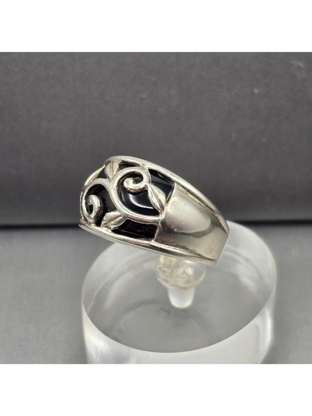 Black Onyx Sterling Silver Ring Size 10 Vining Leaf Scroll Modernist Dome Band - Picture 8 of 14